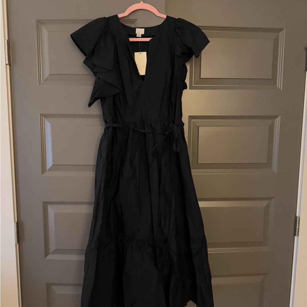 Women's Flutter Short Sleeve Poplin Tiered Midi Dress in black by A New Day